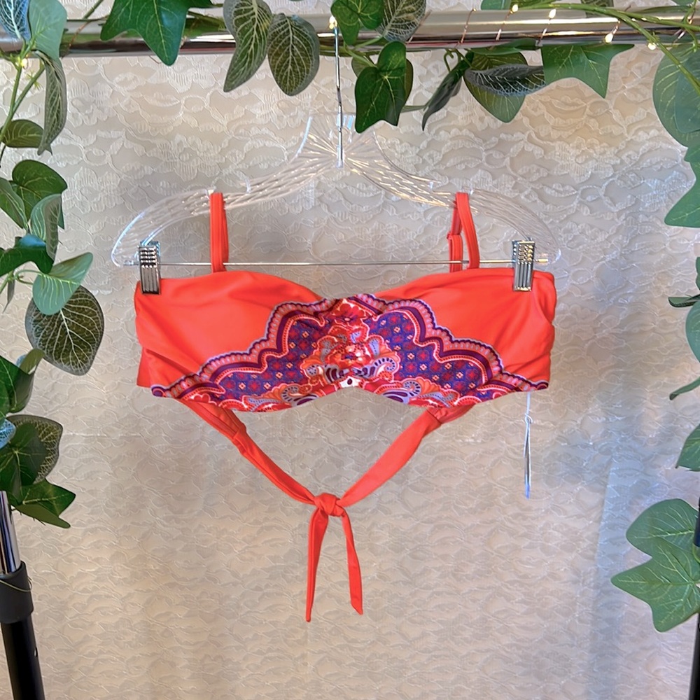 Prana Cosima Bandeau Bikini Top, Neon Orange Jasmine, Women’s Size XL